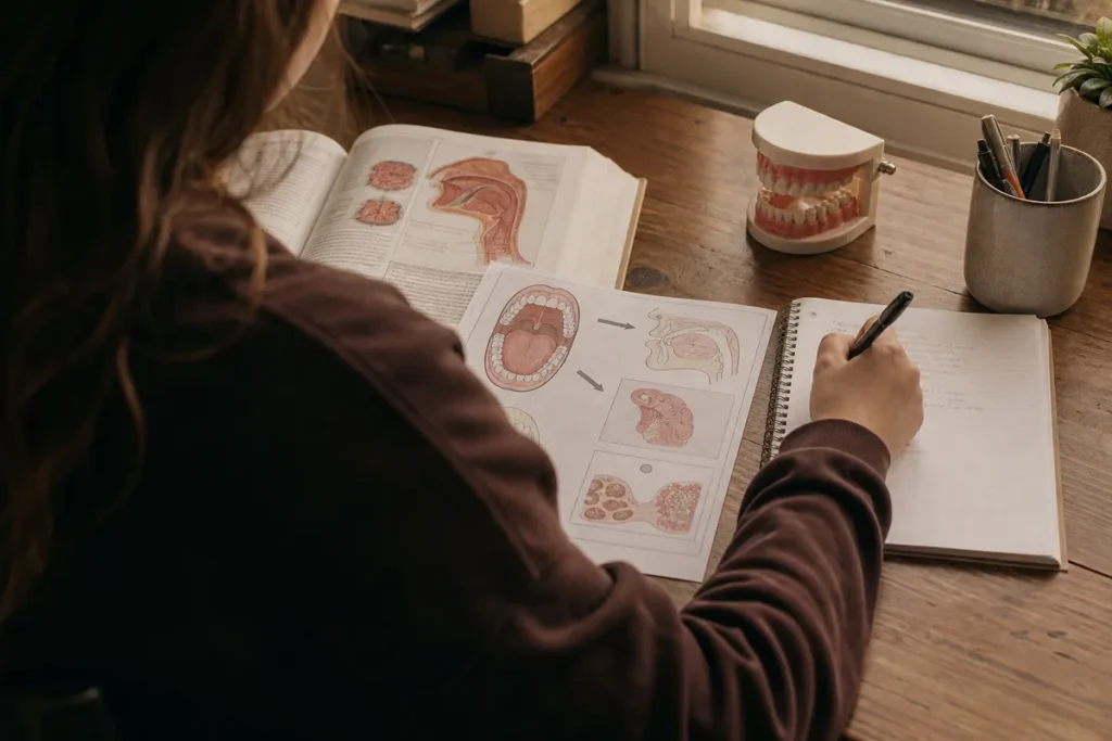 nota de corte de odontologia: estudante revisando um diagrama de biologia oral impresso numa mesa de estudo