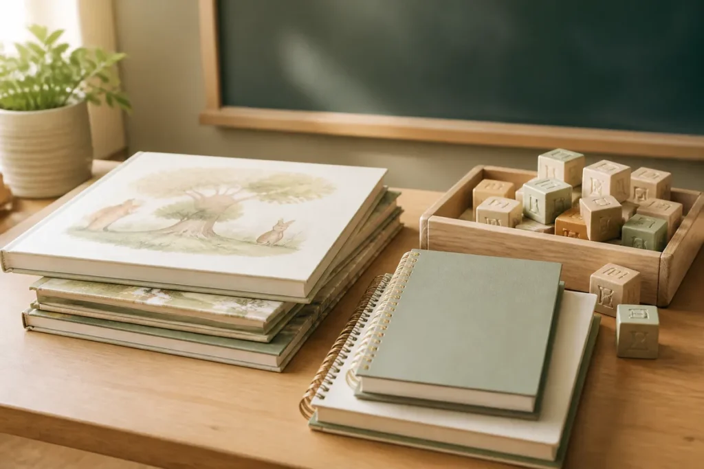 Nota de corte de Pedagogia no Sisu: livros infantis e cadernos de planejamento de aula sobre uma mesa, lousa desfocada ao fundo