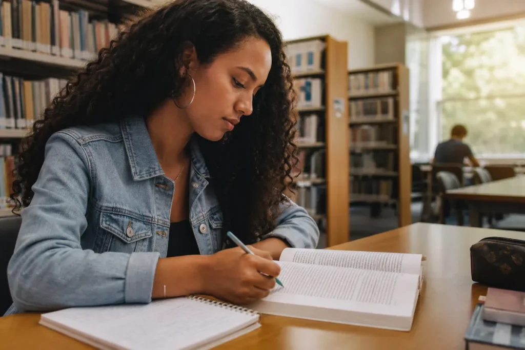 Nota de corte de Pedagogia no Sisu: estudante revisando material didático e livros infantis numa mesa de estudo, lousa desfocada ao fundo