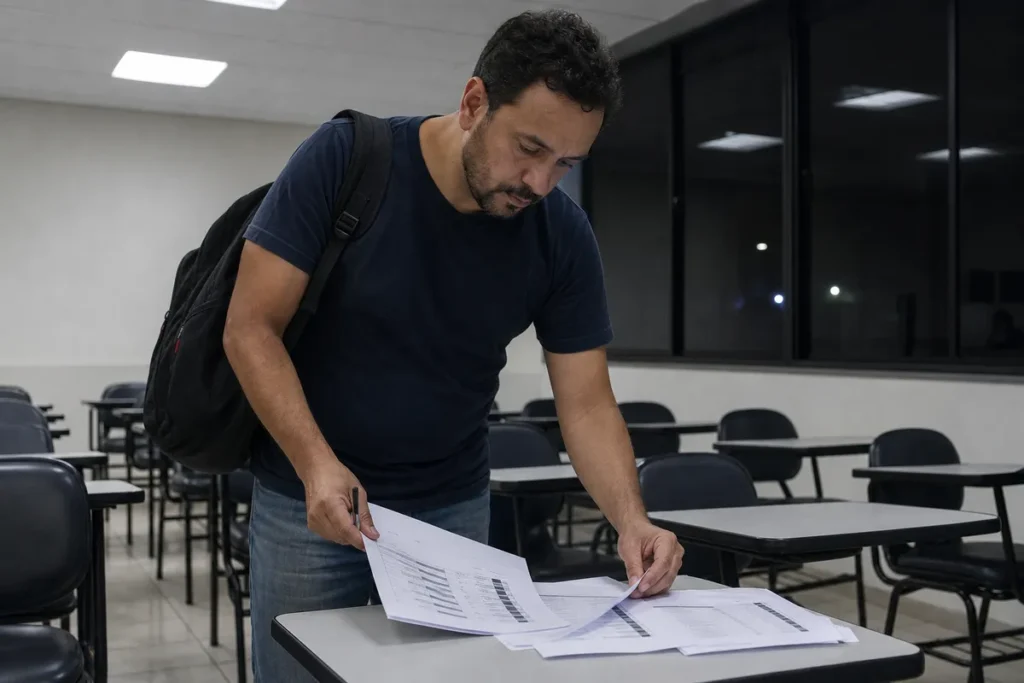 Nota do Enem para Administração: estudante do noturno comparando na sala de aula as entradas do curso no diurno e no noturno