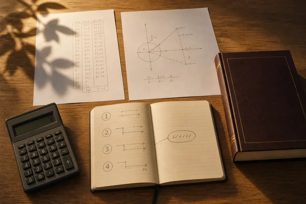 Nota do Enem para Direito: mesa com duas folhas de nota, calculadora e um caderno com os 4 passos para definir a meta rabiscados