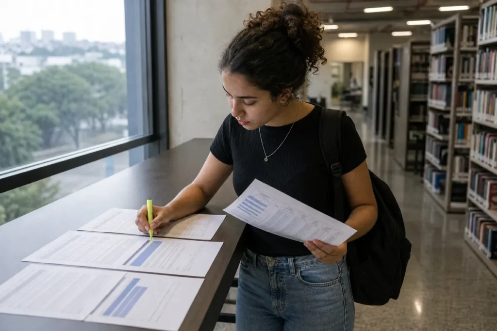 Nota do Enem para Enfermagem: estudante numa mesa de biblioteca comparando listas de cursos de enfermagem por campus e marcando uma opção