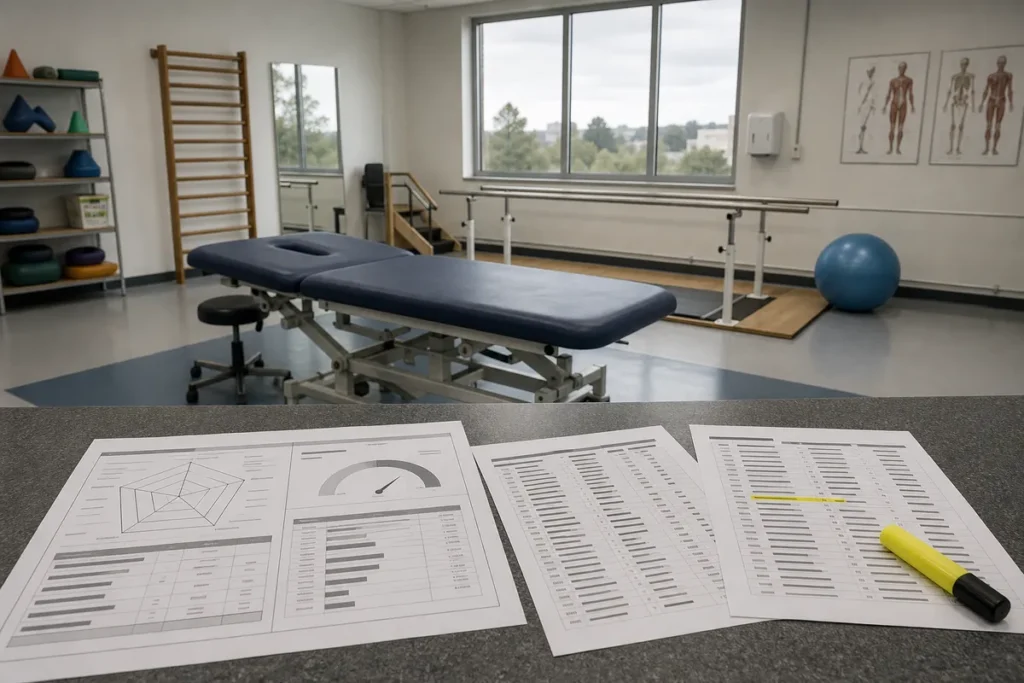 Nota do Enem para Fisioterapia: clínica-escola de fisioterapia vazia com o boletim do Enem e a lista de cursos por campus na bancada