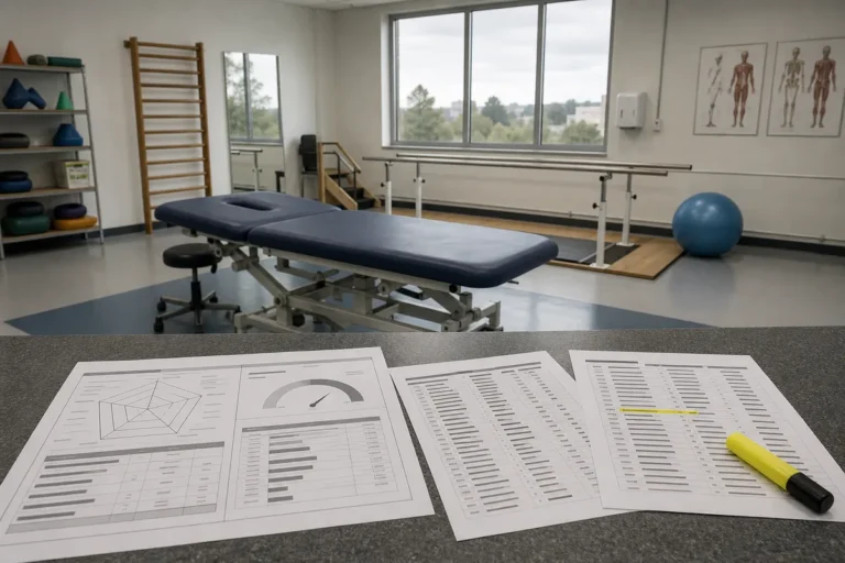 Nota do Enem para Fisioterapia: clínica-escola de fisioterapia vazia com o boletim do Enem e a lista de cursos por campus na bancada