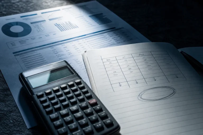 Nota do Enem para Medicina: boletim do Enem, calculadora científica e um caderno com uma tabela de pesos por área e a meta de nota rabiscada
