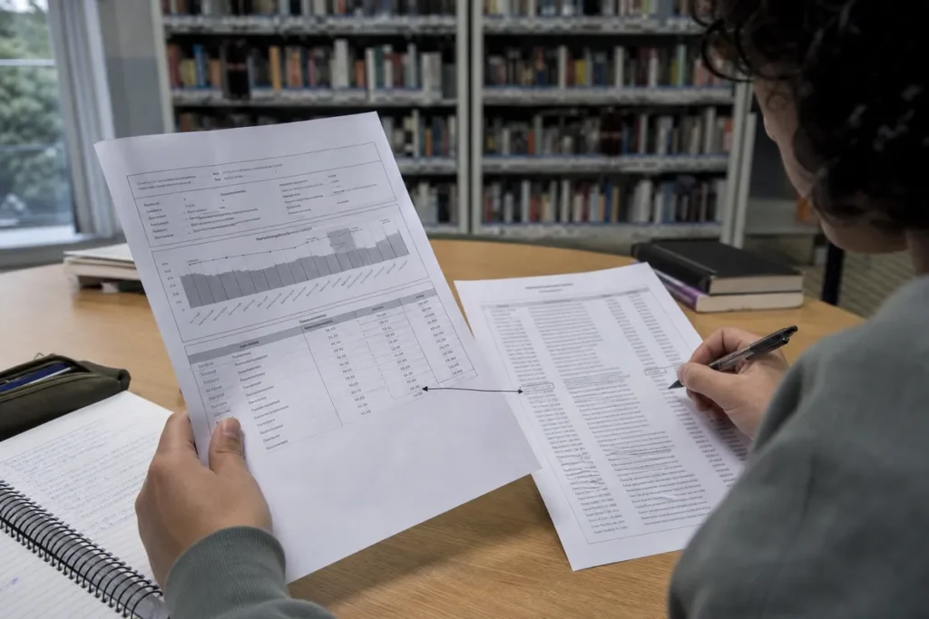 Nota do Enem para Medicina: estudante comparando o próprio boletim com uma lista de notas de corte por ano e marcando a diferença com uma seta