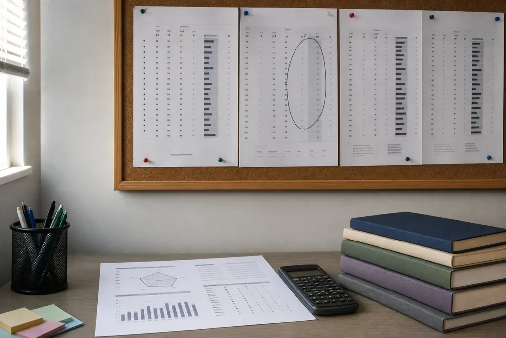 Nota do Enem para Psicologia: mural de estudo com folhas de notas de corte por ano fixadas, boletim do Enem e livros de psicologia na mesa