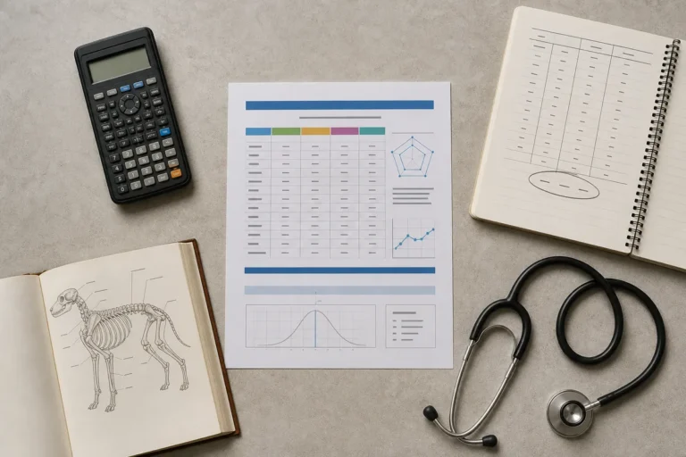 Nota do Enem para Veterinária: boletim do Enem, calculadora, caderno com a tabela de pesos e livro de anatomia veterinária vistos de cima