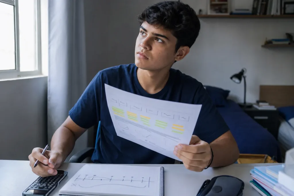 Nota mínima do Enem: estudante à escrivaninha segurando um boletim de notas do Enem com faixas marcadas a marca-texto, calculando a própria meta