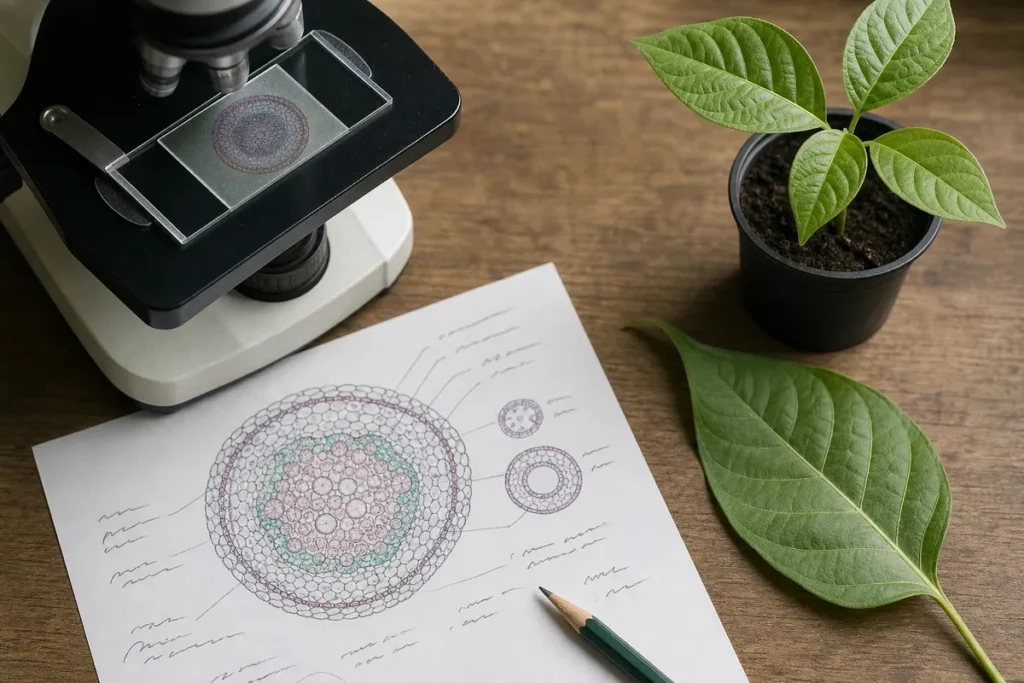 O que cai de botânica no Enem: lâmina de corte de caule ao microscópio ao lado de um diagrama de tecidos vegetais desenhado à mão e uma muda em vaso