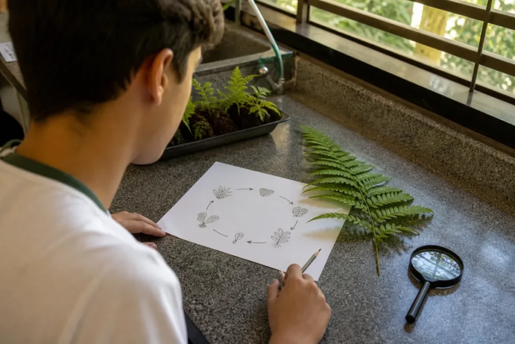 O que cai de botânica no Enem: estudante analisando um corte de caule desenhado à mão e um diagrama de ciclo de vida de samambaia numa mesa de laboratório escolar