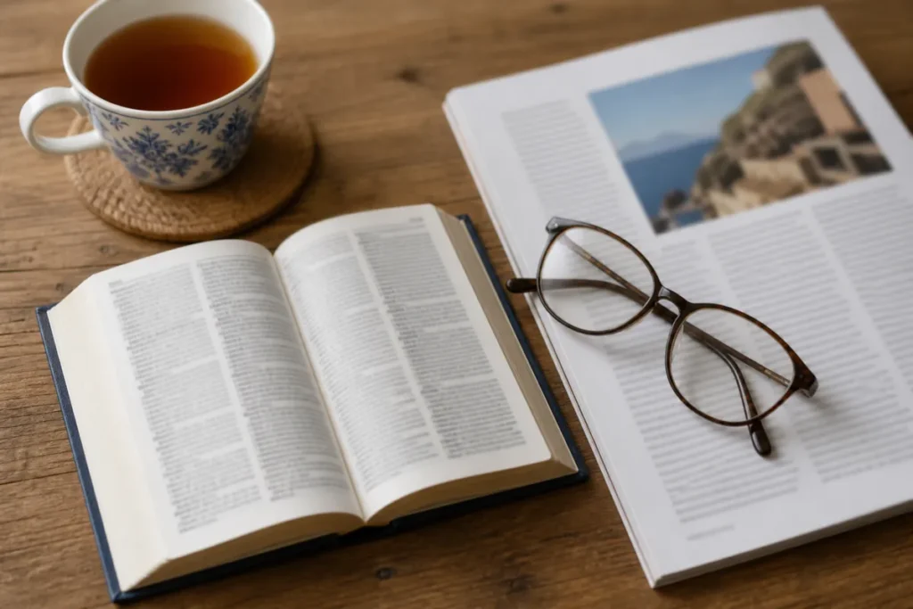 O que cai de inglês no Enem: um dicionário inglês-português aberto ao lado de uma página de revista em inglês desfocada