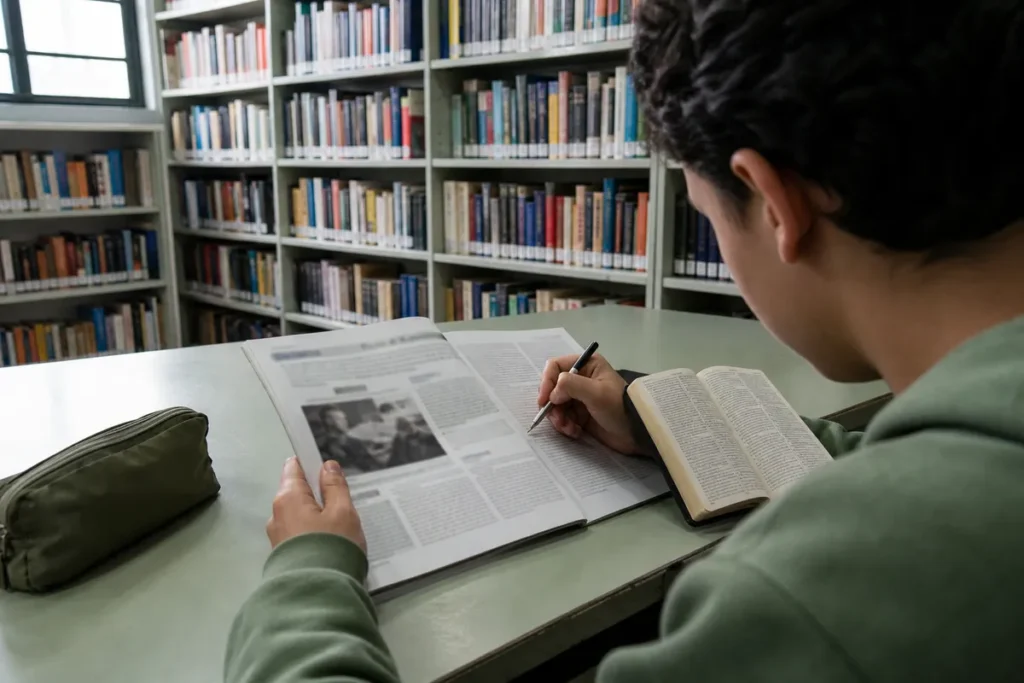 O que cai de inglês no Enem: estudante lendo um texto em inglês impresso e sublinhando uma palavra, dicionário aberto ao lado
