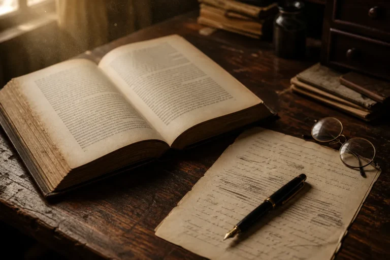 O que cai de literatura no Enem: um romance clássico aberto sobre a mesa ao lado de uma caneta-tinteiro e um óculos de leitura