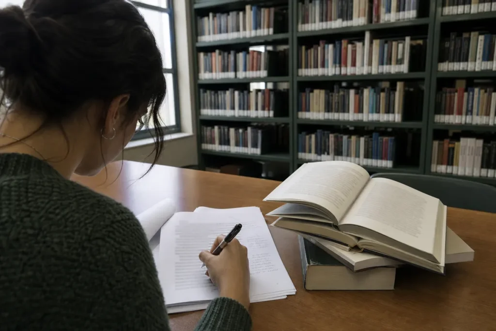 O que cai de literatura no Enem: estudante analisando um trecho literário impresso numa mesa de biblioteca, com livros de literatura ao lado