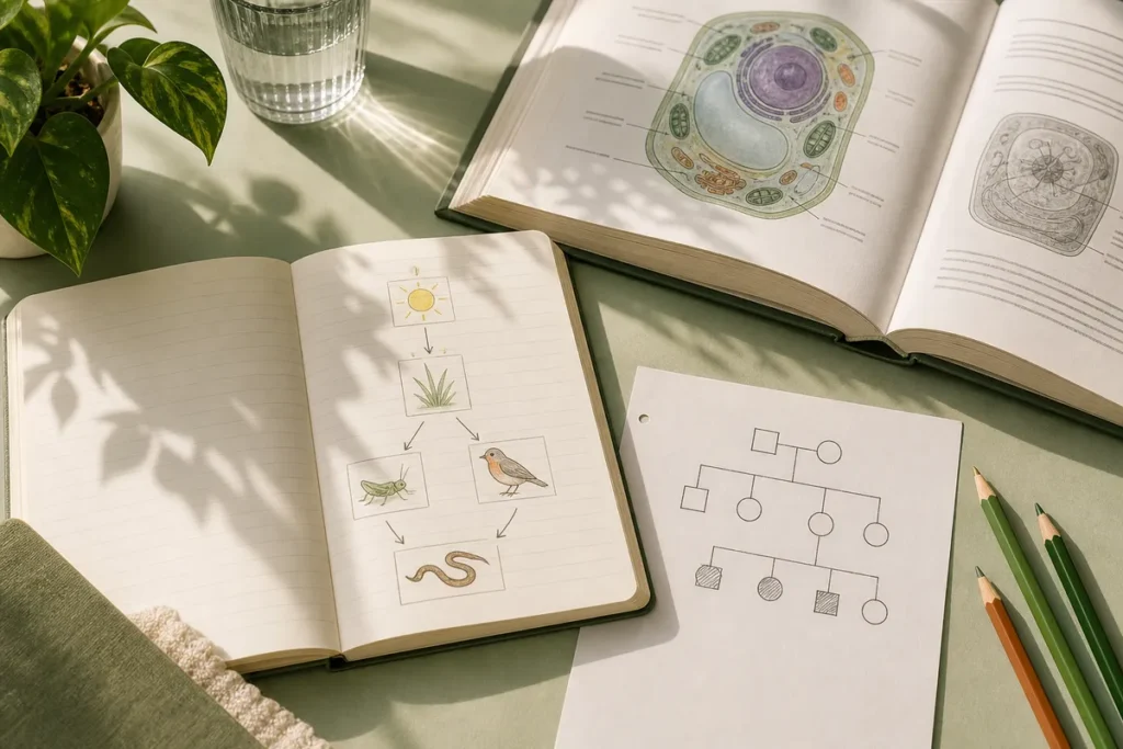 O que cai em Biologia no Enem: caderno com um diagrama de cadeia alimentar desenhado à mão, um esboço de heredograma e um livro de Biologia aberto numa página de célula