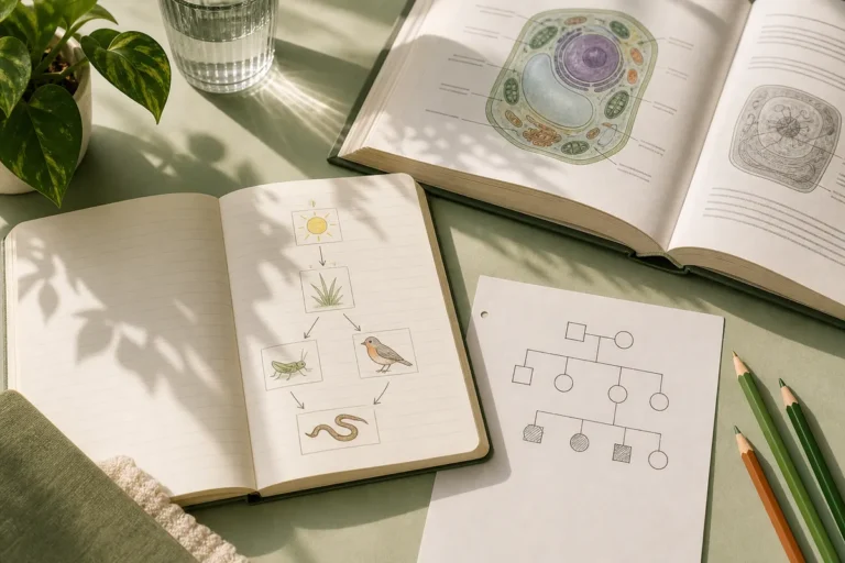O que cai em Biologia no Enem: caderno com um diagrama de cadeia alimentar desenhado à mão, um esboço de heredograma e um livro de Biologia aberto numa página de célula
