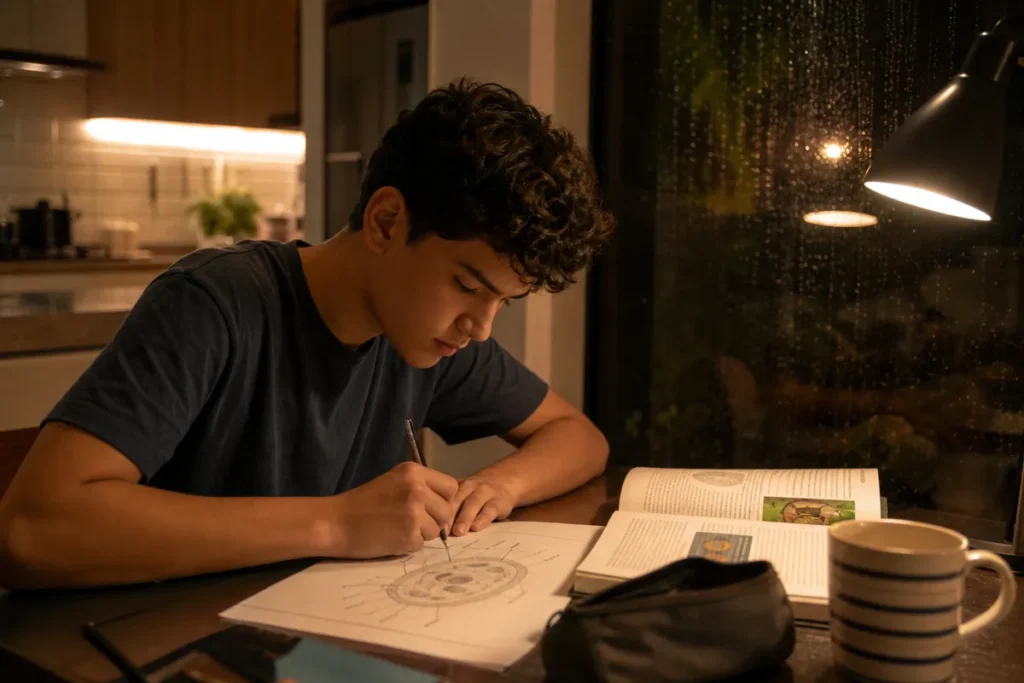 Cai em Biologia no Enem: estudante estudando um diagrama de célula impresso à luz de abajur, livro de Biologia aberto ao lado (foto mantida do post; descrição do alt publicado)