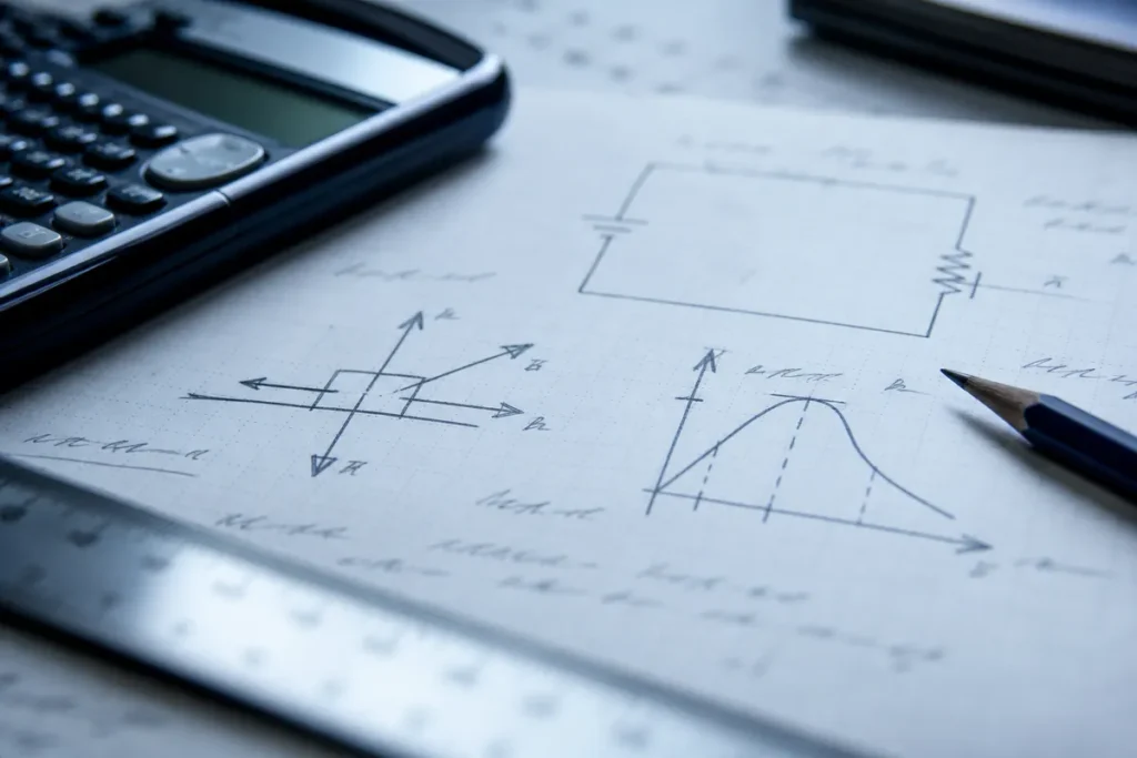 O que cai em Física no Enem: folha de rascunho com um circuito elétrico, um diagrama de forças e um gráfico de movimento desenhados à mão, ao lado de calculadora e régua