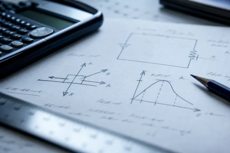 O que cai em Física no Enem: folha de rascunho com um circuito elétrico, um diagrama de forças e um gráfico de movimento desenhados à mão, ao lado de calculadora e régua