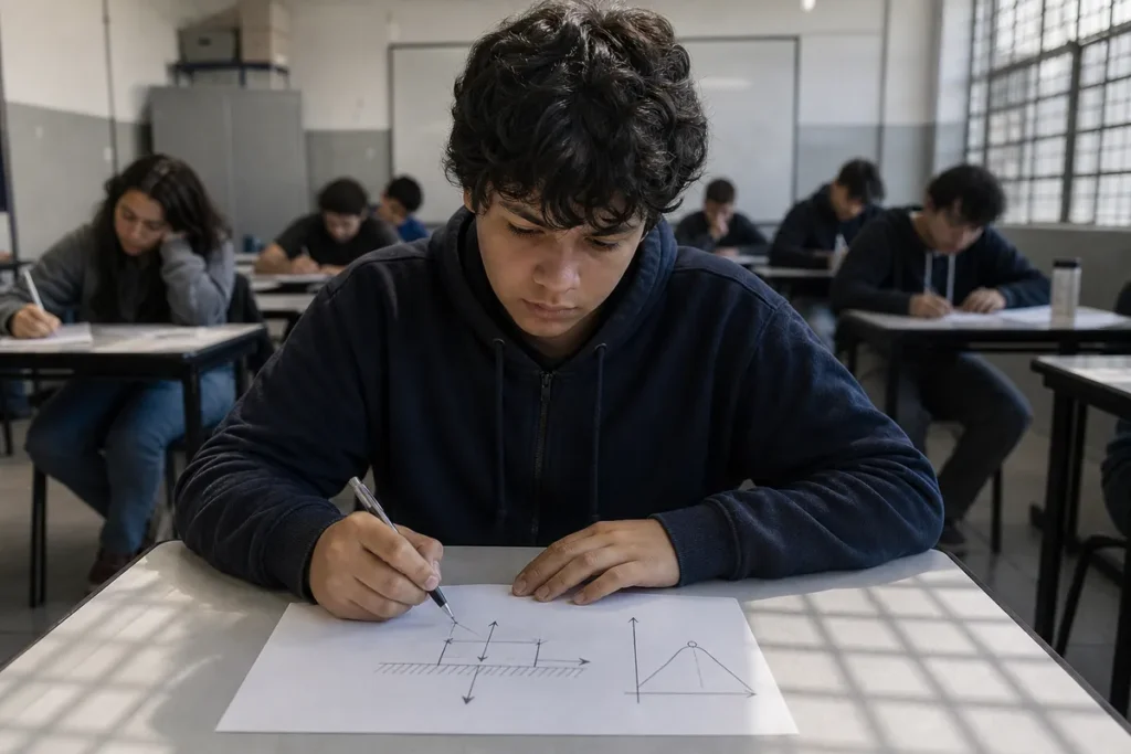 Cai em Física no Enem: estudante resolvendo uma questão com um diagrama de forças e um gráfico de movimento na folha, numa carteira de sala de aula (foto mantida do post; descrição do alt publicado)