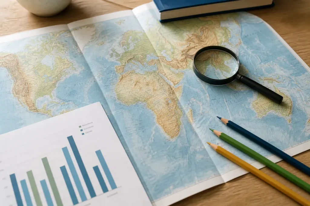 O que cai em Geografia no Enem: um mapa físico, um gráfico de barras e uma lupa sobre a mesa