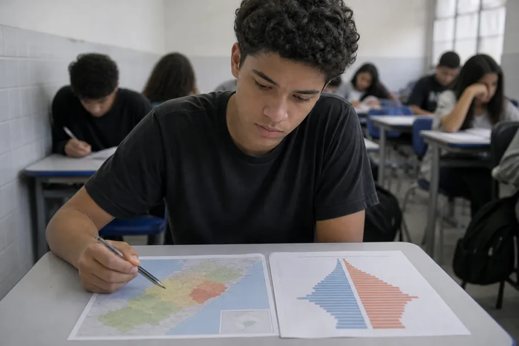 Cai em Geografia no Enem: estudante analisando um mapa e uma pirâmide etária numa carteira de sala de aula (foto mantida do post; descrição do alt publicado)