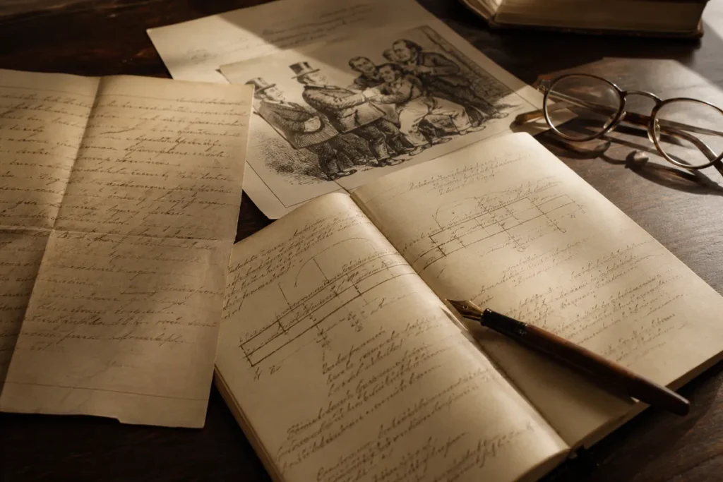 O que cai em História no Enem: um documento antigo, uma charge impressa e um caderno com uma linha do tempo desenhada sobre a mesa