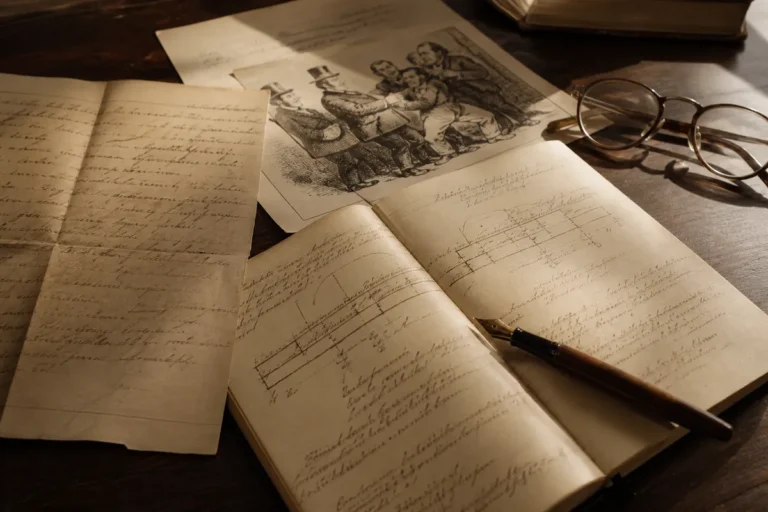 O que cai em História no Enem: um documento antigo, uma charge impressa e um caderno com uma linha do tempo desenhada sobre a mesa