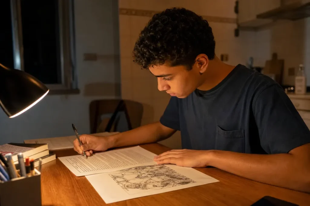 Cai em História no Enem: estudante analisando um documento histórico e uma charge à luz de abajur, fazendo anotações (foto mantida do post; descrição do alt publicado)