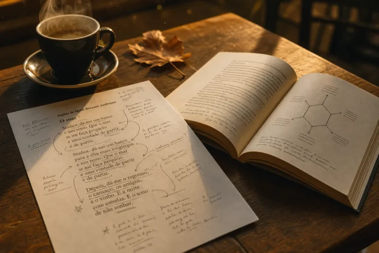 O que cai em Português no Enem: um poema impresso cheio de marcações de análise ao lado de um livro de Português aberto e uma xícara de café