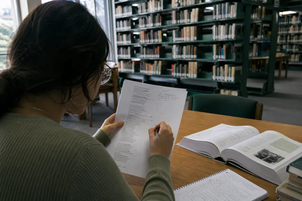 Cai em Português no Enem: estudante analisando um texto literário impresso, sublinhando e ligando trechos com setas, livro de Português ao lado (foto mantida do post; descrição do alt publicado)