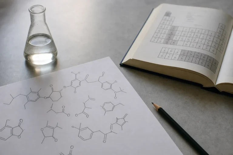 O que cai em Química no Enem: folha com fórmulas estruturais desenhadas à mão, livro aberto numa tabela e um frasco de vidro sobre a mesa