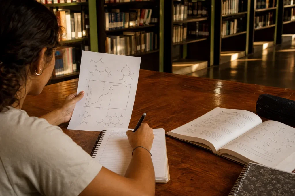 Cai em Química no Enem: estudante analisando fórmulas estruturais e um gráfico de pH numa mesa de biblioteca (foto mantida do post; descrição do alt publicado)