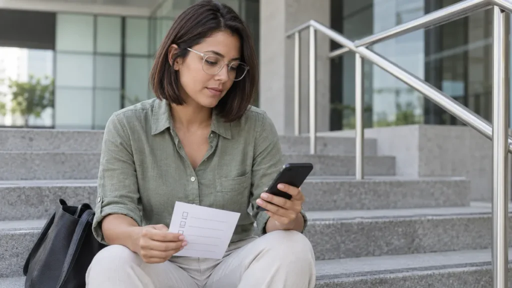 Página do participante: estudante na escada de um prédio público com o celular e uma lista de conferência no colo