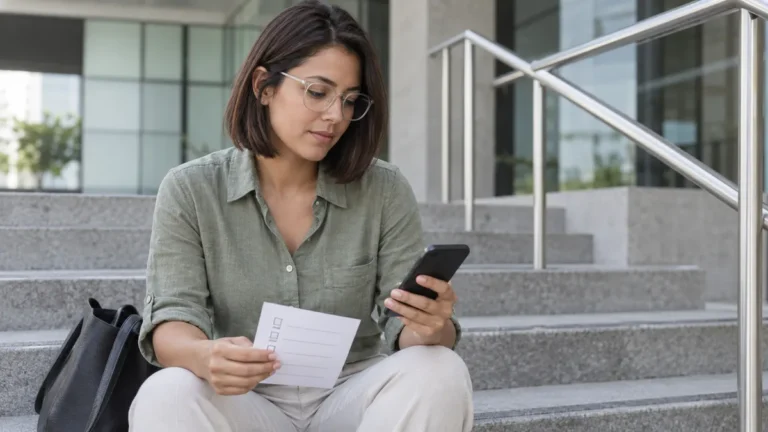 Página do participante: estudante na escada de um prédio público com o celular e uma lista de conferência no colo