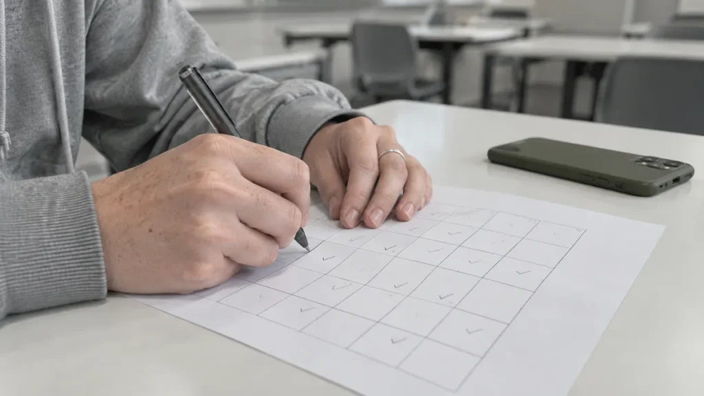 Página do participante: mãos marcando um calendário anual desenhado à mão numa carteira de sala de aula