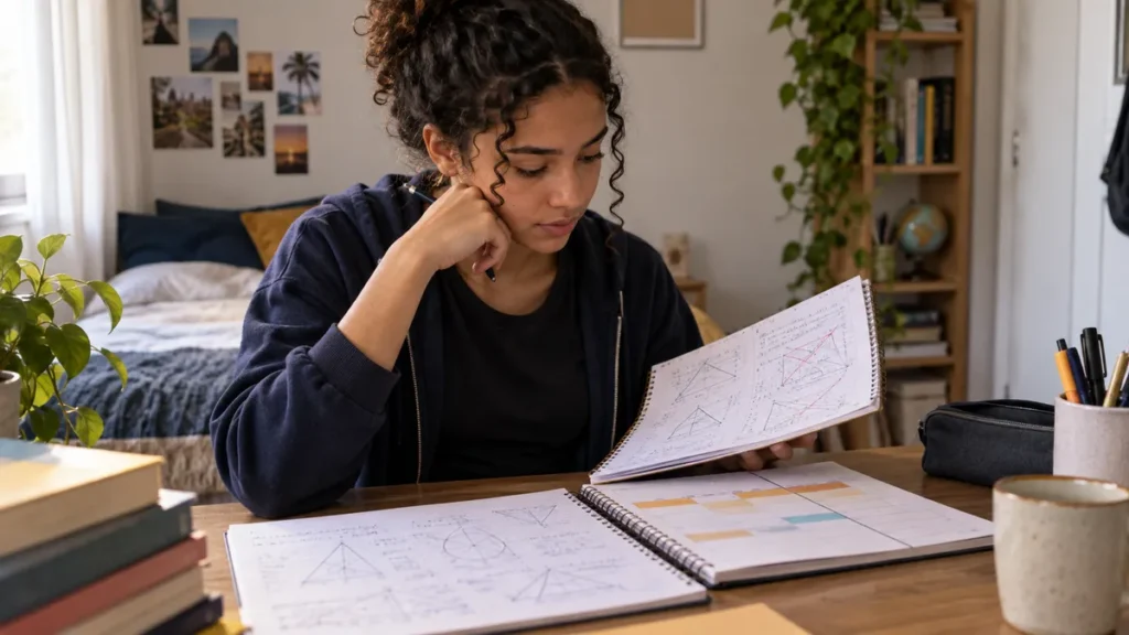 revisão de matemática com estudante organizando exercícios para o Enem