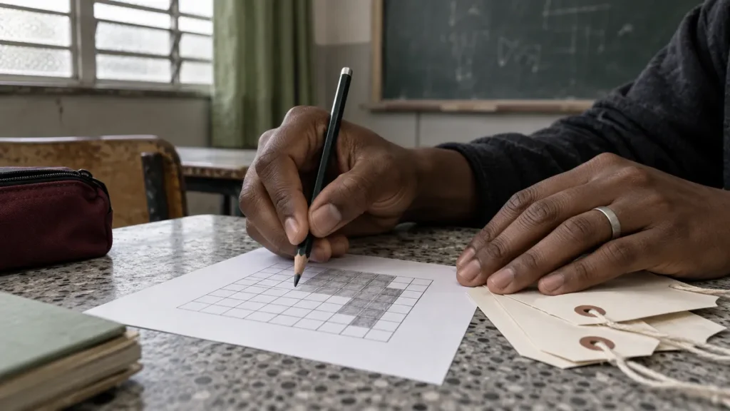 Porcentagem no Enem: mãos de estudante fazendo contas a lápis numa carteira ao lado de etiquetas de preço