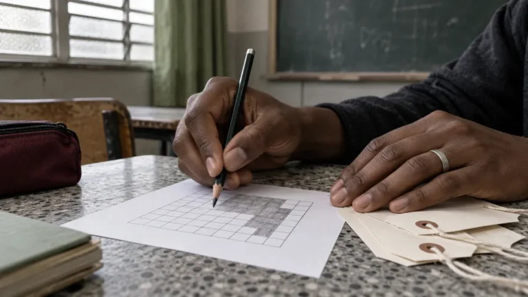 Porcentagem no Enem: mãos de estudante fazendo contas a lápis numa carteira ao lado de etiquetas de preço