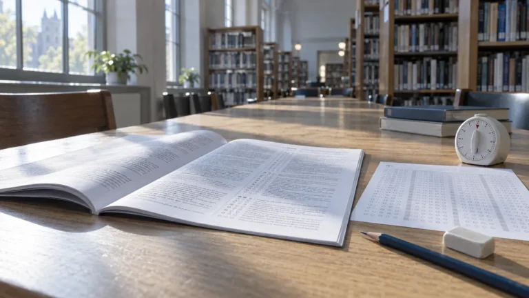 Primeiro simulado do Enem: caderno de prova antiga aberto sobre a mesa de uma biblioteca, com cartão-resposta em branco, lápis e cronômetro de cozinha, em ângulo baixo diagonal na luz da manhã