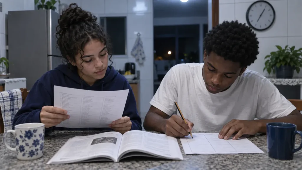 Primeiro simulado do Enem: dois estudantes à mesa da cozinha, sob luz branca fria, conferindo o gabarito de uma prova antiga e marcando uma folha de três colunas