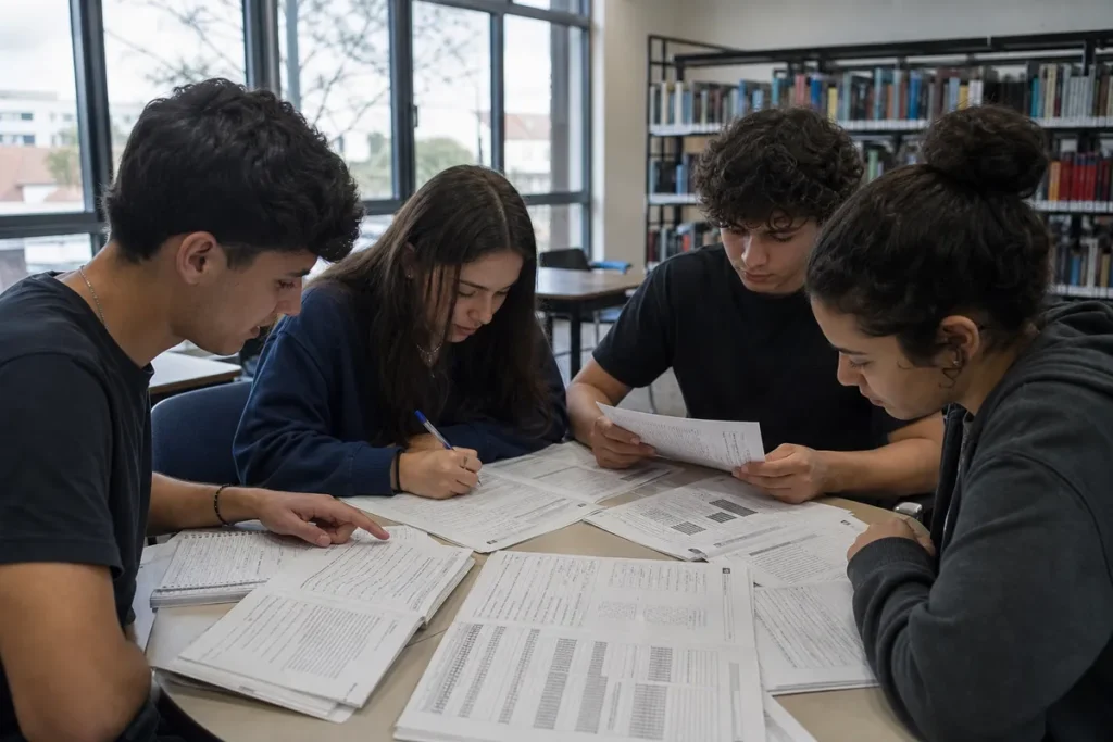 Prova do Enem 2024: grupo de estudantes em volta da mesa da biblioteca com os cadernos de prova impressos e o gabarito à parte