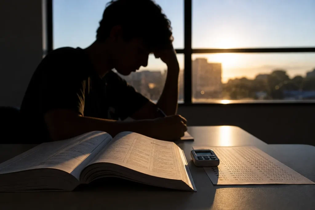 Prova do Enem 2025: estudante em contraluz na janela com o caderno de prova impresso, cronômetro e folha de respostas na mesa
