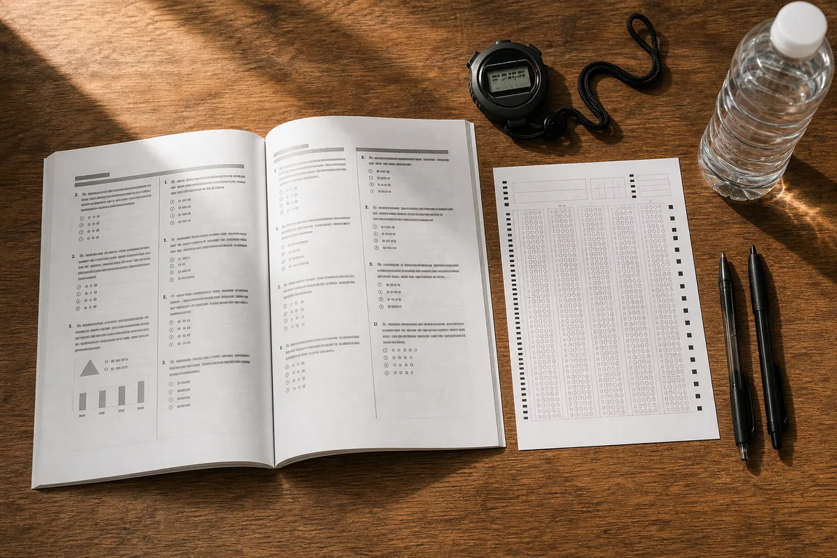 Prova do Enem 2025: caderno de prova aberto na mesa ao lado do cronômetro, da folha de respostas em branco e das canetas