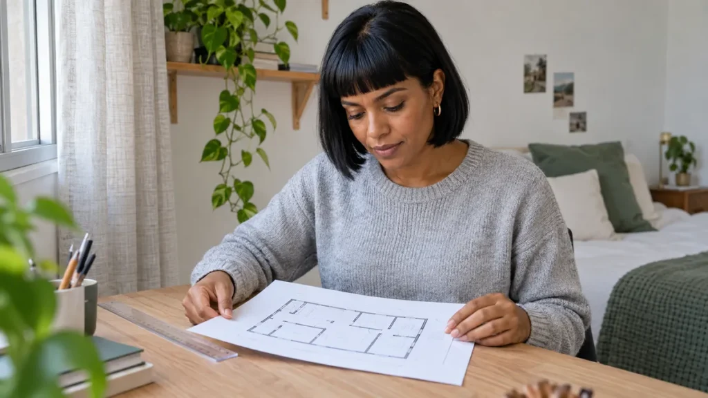 Razão e proporção no Enem: estudante numa escrivaninha de quarto conferindo a planta de uma casa com régua e lápis