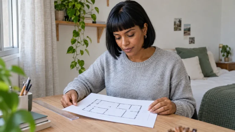 Razão e proporção no Enem: estudante numa escrivaninha de quarto conferindo a planta de uma casa com régua e lápis