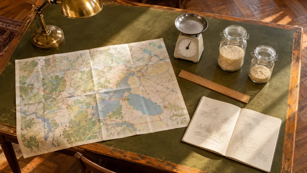 Razão e proporção no Enem: mesa de biblioteca vista de cima com mapa, régua, balança de cozinha e caderno de contas