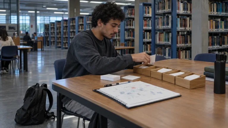 Repetição espaçada para o Enem: estudante conferindo cartões de revisão em uma mesa com calendário semanal.
