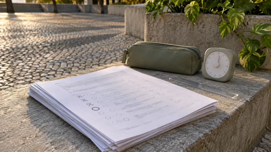 Resolver questões do Enem: folhas de prova com três alternativas riscadas e uma circulada sobre um degrau de praça no fim da tarde